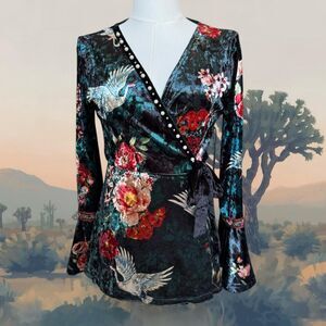 12th Love Women's Velvet Blouse Size Small Green Kimono Crane Dark Floral Y2k